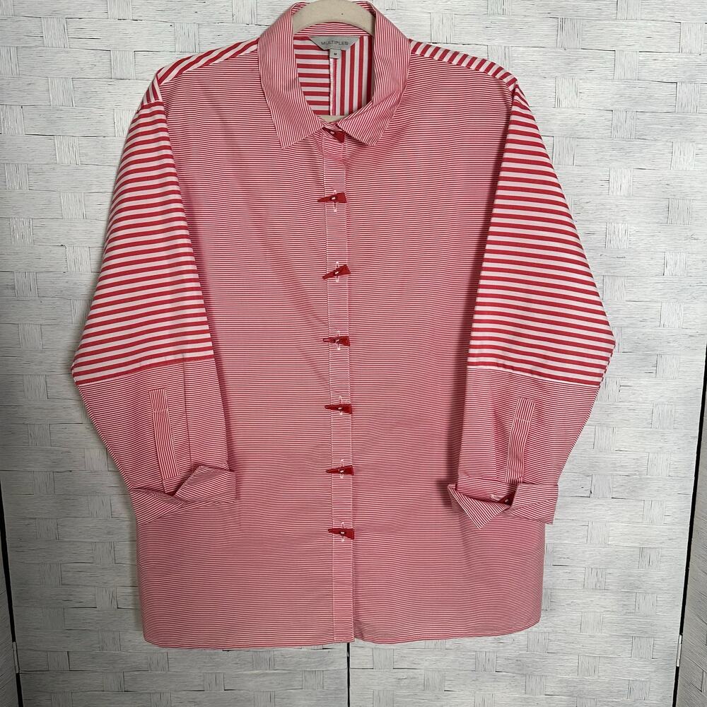 Multiples Striped Blouse Red White Unique Buttons… - image 1